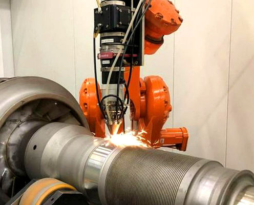 Système de machine de rechargement laser robotisé pour l'amélioration de surface d'arbres de pompe, de rouleaux et de pièces rotatives